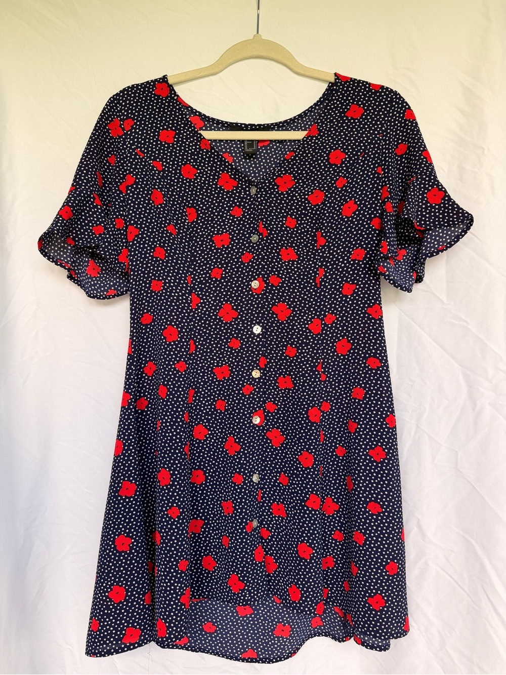 Summer V-Neck Navy Mini Dress with Red Floral Print